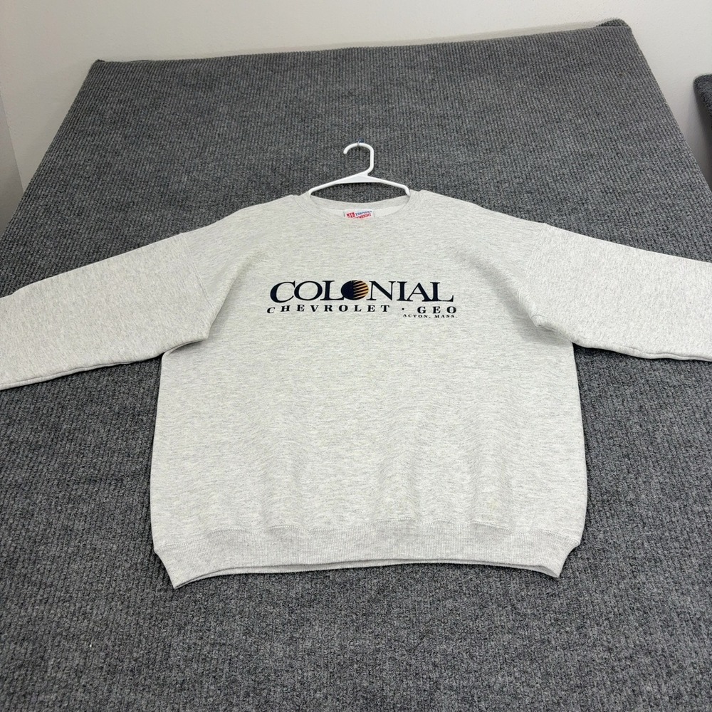 Vintage Colonial Chevrolet Geo Hanes Sweatshirt Mens L Gray Cotton Blend 90s